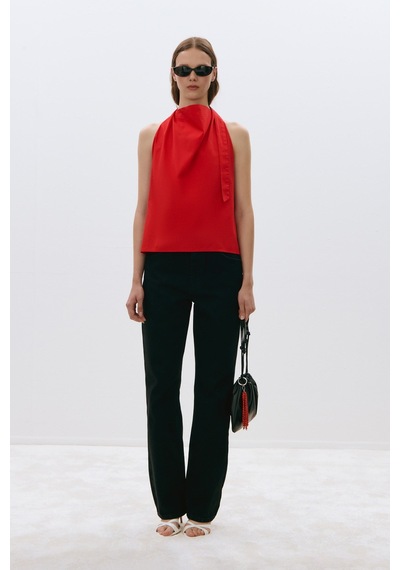Suud Collection Kırmızı Marty Halter Yaka Poplin Bluz