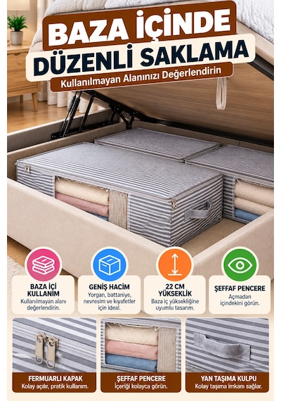 Gri Çizgili Baza Altı Pencereli Hurç 64x45x22 Cm Yorgan Battaniye Kıyafet Saklama Düzenleyici Kutusu