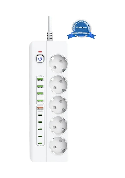 3500w Akım Korumalı 5 Li Grup Priz: 5x Usb + 5x Type-c Çıkışlı 2 Metre 2 M