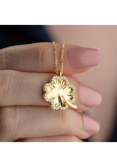 Vaoov 925 Ayar Gümüş Dokulu Ve Taşlı Yonca Kolye Gold
