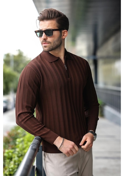 Madmext Kahverengi Yarım Fermuarlı Polo Yaka Triko Kazak E7426 Kahverengi