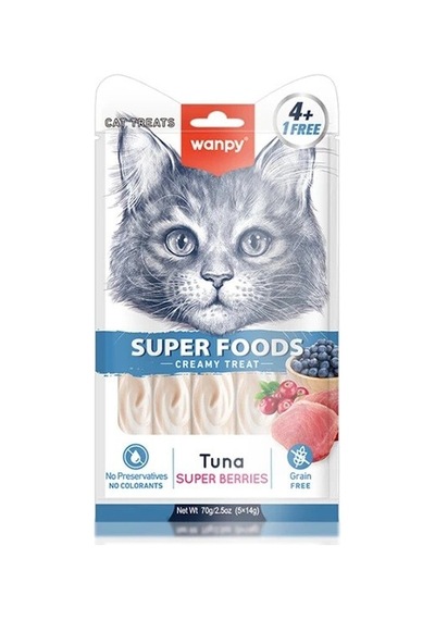 Wanpy Superfood Ton Balıklı, Yaban Mersini & Kızılcıklı Sıvı Kedi Ödül Maması 5x14 Gr