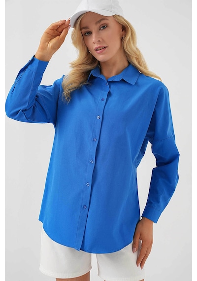Bigdart Oversize Uzun Basic Mavi Kadın Gömlek 3900 Mavi