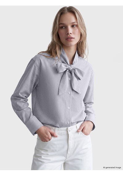 Lcw Vision Mavi Fular Yaka Ekose Oversize Kadın Gömlek