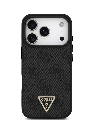 Apple iPhone Uyumlu 18 Pro Kılıf Guess Lisanslı M-safeli Pu Deri Taşlı Üçgen Logo 4g Desenli Strass Kapak Siyah