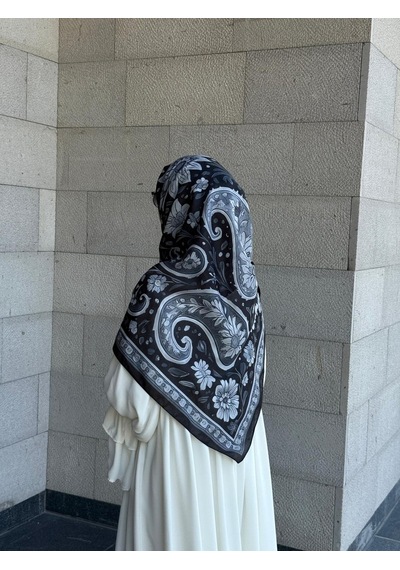 Qalortex Scarf Pamuklu Vintage Desen Eşarp-siyah/gri Siyah-Gri