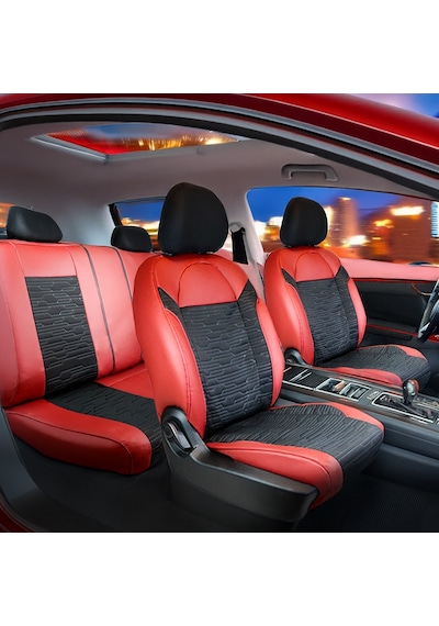 Fiat Linea Yarı Deri Oto Koltuk Kılıfı Ön Arka Set Kırmızı Siyah Premium Seri Şhn