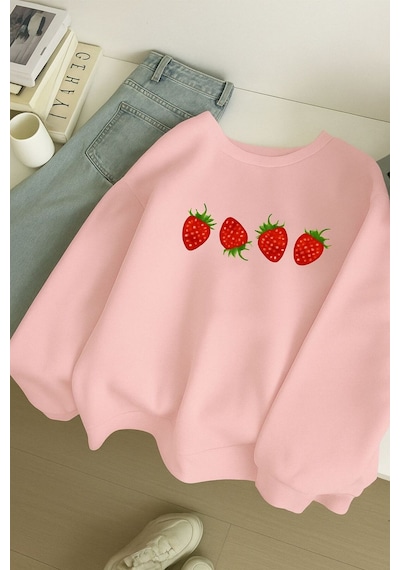 Benroma 3 İplik Penye Çilek Baskılı Unisex Sweatshırt Pembe