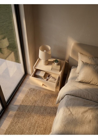 Ahşap Komodin, Tek Çekmeceli Yatak Odası Gece Standı Minimalist Yan Sehpa Açık Bej