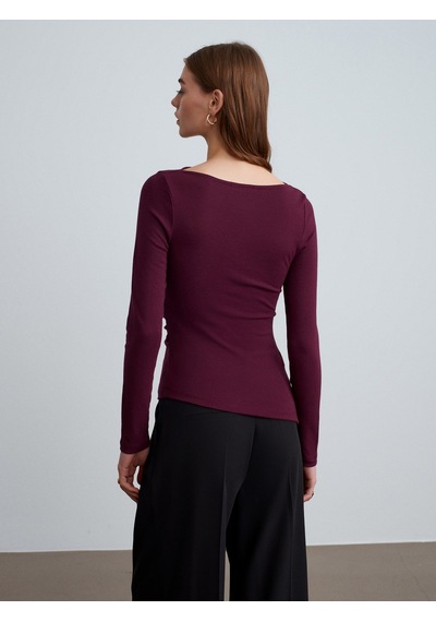 Dilvin 32198 Kayık Yaka Büzgülü Top-bordo Bordo