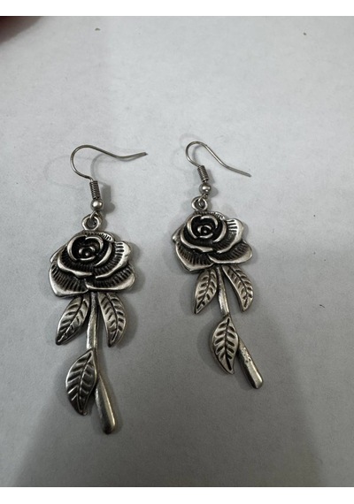 Vintage Rose Leaf Gül & Yaprak Figürlü Eskitme Gümüş Renk Sallantılı Küpe Çok Renkli