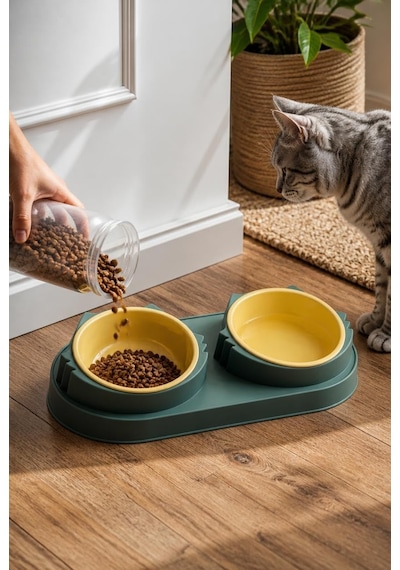 Plastik İkili Mama Ve Su Kabı, Kedi Ve Köpekler İçin Çift Hazneli Mama Kabı, 33 Cm, 11,8 Cm Çaplı 2 Kap, Yeşil