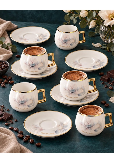 Valkyrie Magnolia Serisi 12 Parça 6 Kişilik 100 Ml Gold Çiçek Desenli Türk Kahvesi Fincan Takımı Beyaz Altın