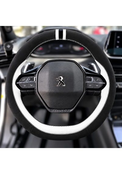 Peugeot 208 Dikme Direksiyon Kılıfı Parlak Siyah Beyaz Detaylı Beyaz Çift Yüzük Ve Dikiş 2019-2024