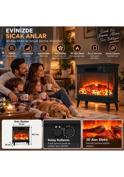 3 D Elektrikli Şömine 1800 Watt 2 Kademeli Isıtıcı Fanlı Isıtıcı