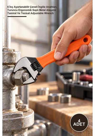 4 Adet Kurbağacık Anahtar 6 İnç Ayarlanabilir Çeneli İngiliz Anahtarı, Turuncu Ergonomik Saplı Metal Alaşımlı Tamirat Ve Tesisat Adjustable Wrench