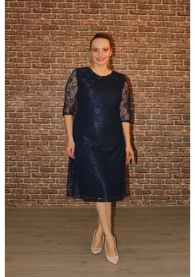 Nidya Moda Büyük Beden Dantel Elbise-4036L Lacivert