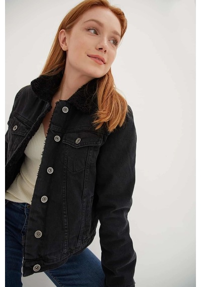 Fashion Frends İçi Kürklü Denim Ceket Siyah