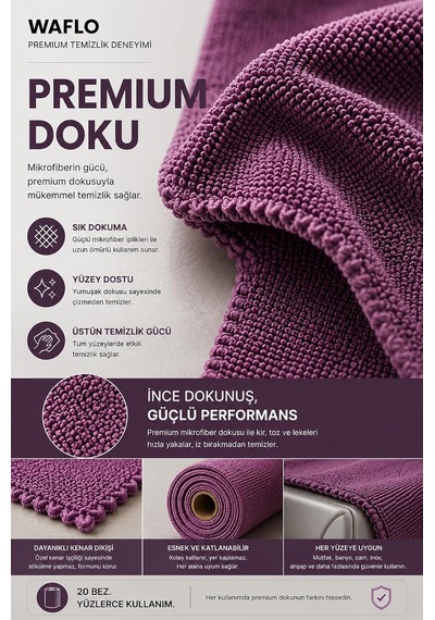Mikrofiber Temizlik Bezi Rulo 20'li Mürdüm Yüksek Emicilik, Tekrar Kullanılabilir, İz Bırakmaz Çok Renkli