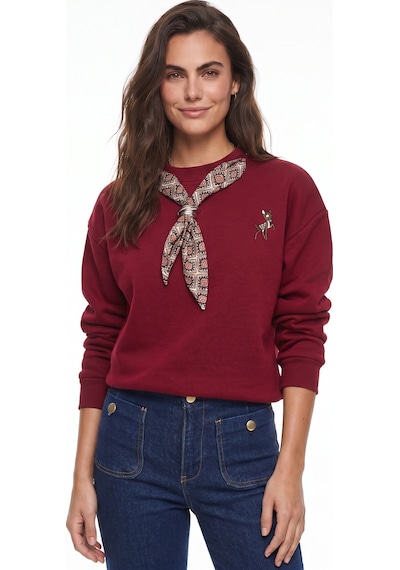 Onloox Kadın Bordo Bordo Pamuklu Üç İplik Şardonlu Oversize Fular Detaylı Ceylan Nakışlı Sweatshirt