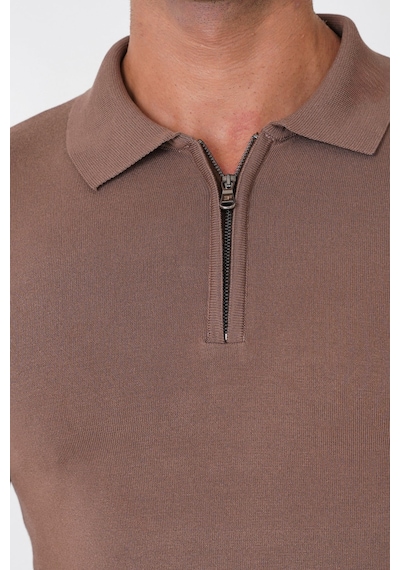 Slim Fit Esnek Pamuklu Fermuarlı Polo Yaka Açık Kahve Triko Tr 902 A.Kahverengi