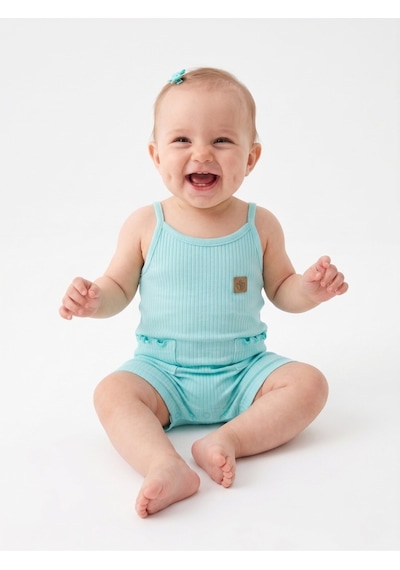 HelloBaby Pamuklu İp Askılı Cep Detaylı Kız Bebek Tulum Mavi