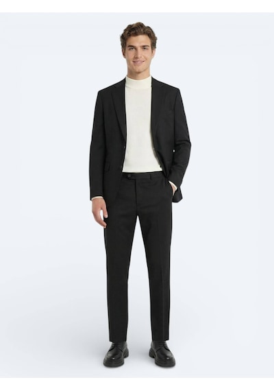 Siyah Düz Modern Fit Yün Karışımlı Takım Elbise Siyah