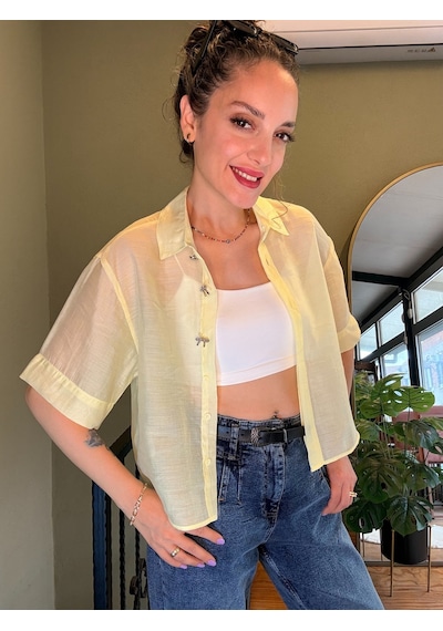 Ali Butik Sarı Şifon Crop Gömlek