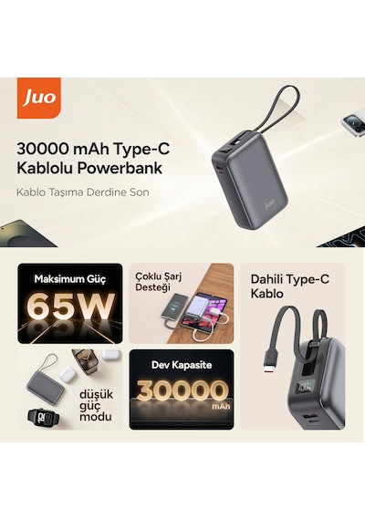 Juo 30000mah 65w Led Ekranlı Usb-a + Type-c Dahili Kablolu Powerbank Taşınabilir Pd Hızlı Şarj Cihazı Gri