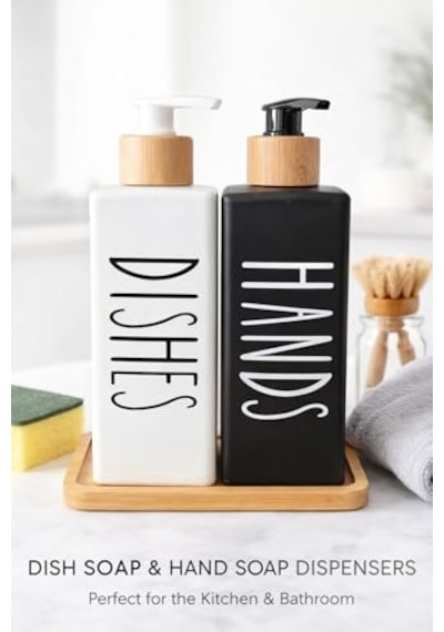 Tr Premium Mat Siyah &amp Beyaz Mutfak Sabunluk Seti - Bambu Tepsili 2x450ml Bulaşık Deterjanı Ve Sıvı Sabun Pompa Genel