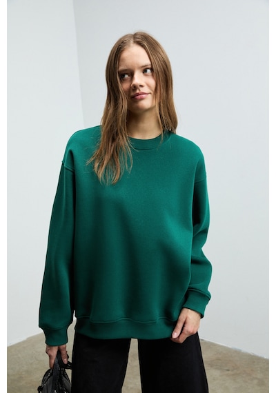 Grımelange KARIUS Kadın Organik Pamuklu İçi Polarlı Oversize Yuvarlak Yakalı Koyu Yeşil Sweatshirt