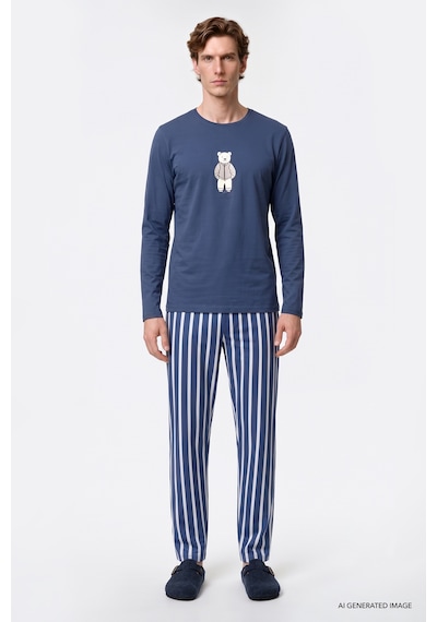 Ac&Co / Altınyıldız Classics Erkek Indıgo 2'li %100 Pamuk Yumuşak Dokulu Yan Cepli Çizgili Pijama Takımı İndigo