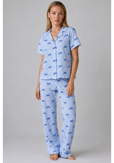 Mavi Kurdele Desenli Çizgili Bürümcük Pijama Takımı 4645-mavi