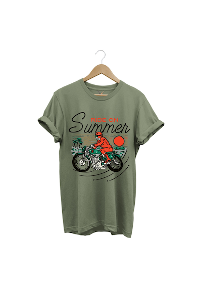 Motorsiklet Motorcu Özel Yaz Tasarımlı Ride On Summer Regular Fit %100 Pamuk Haki T-shirt Haki