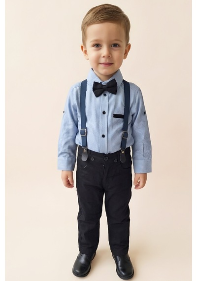 Modanino Erkek Bebek 4'lü Takım Set Pantolon+gömlek+askılı Kemer+papyon 12631 mavi