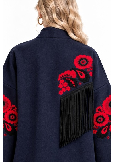 Saade Lacivert Etnik Çiçek Nakışlı Püsküllü Kimono Ceket