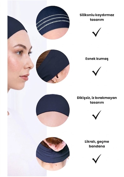 Alivascarf Kaymayan Silikonlu Bandana Bone Siyah - Kadın Tesettür Dikişsiz Kaymaz Geçme - Sportif Saç Bandı Lacivert