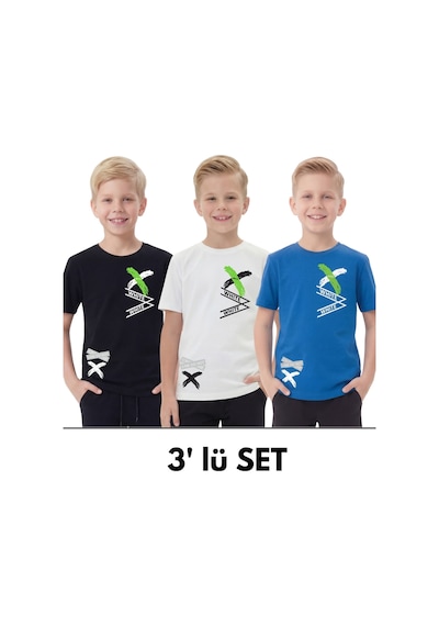 Panios Kids 3'lü White Yazı Baskılı Yuvarlak Yaka Kısa Kollu Erkek Çocuk Yazlık Tişört Siyah - Beyaz - Gri