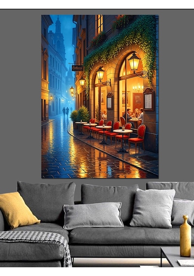 Ahşap Tablo Yağmurlu Sokak Kafe Işıkları