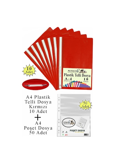 Telli Dosya Plastik A4 10 Lu Ve Poşet Dosya 50 Li 1 Paket Ekonomik Kaliteli Şeffaf Kapak Telli Dosya Okul Büro Ofis Kırmızı