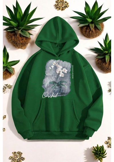 Uyguntarz Orkide Tuval Baskılı Unisex Oversize Sweatshirt Yeşil