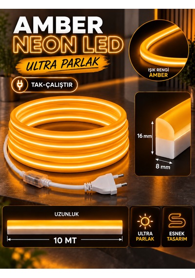 Orsan 10 Metre Amber Renk Tak Çalıştır Ultra Parlak Ultra Esnek Yüksek Performanslı Borsan 220v Neon Led Amber Montaj Aparatı Dahil