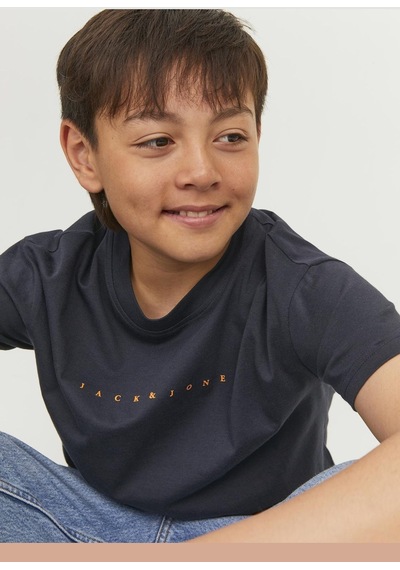 Jack & Jones Kisa Kollu Logo Baskili Tisört - Çocuk 12237435 Dark Navy Siyah