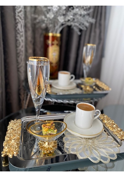 Atabey Home Collection 1 Adet Tekli Kahve & Çay & Sunum Dikdörtgen Büyük Sunum Tepsisi Çelik Gül Model Gold 30 Cm