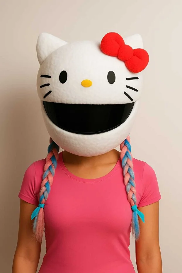 Örgülü Saçlı Hello Kitty Kask Kılıfı Motosiklet Aksesuarı Standart