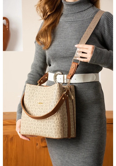Just Polo Kadın Monogram Baskılı El Ve Omuz Çantası Ebat 25 X 25 Vizon Taba