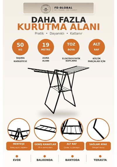 Fd Global Kanatlı Çamaşır Kurutma Askısı Kalın Borulu Alt Raflı Katlanır Kurutmalık 19 Metre Siyah Siyah