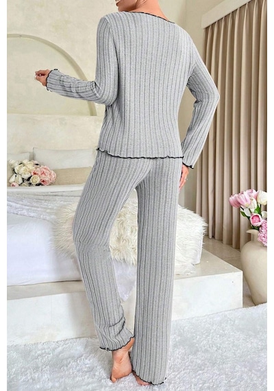 Moda Dua Kadın Gri Çizgili Uzun Kollu Fiyonk Detaylı Pijama Takımı Rahat Mevsimlik