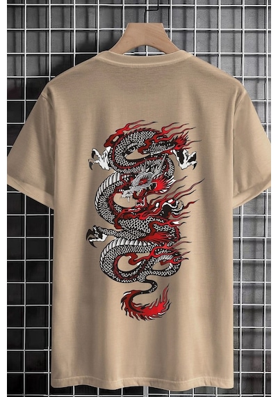 Unisex Chinesebox Baskılı T-shirt Bej