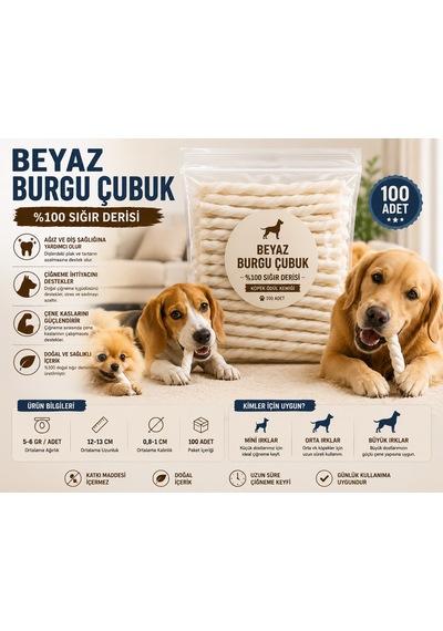 Beyaz Burgu Çubuk Köpek Ödül Kemiği 100 Lü Paket